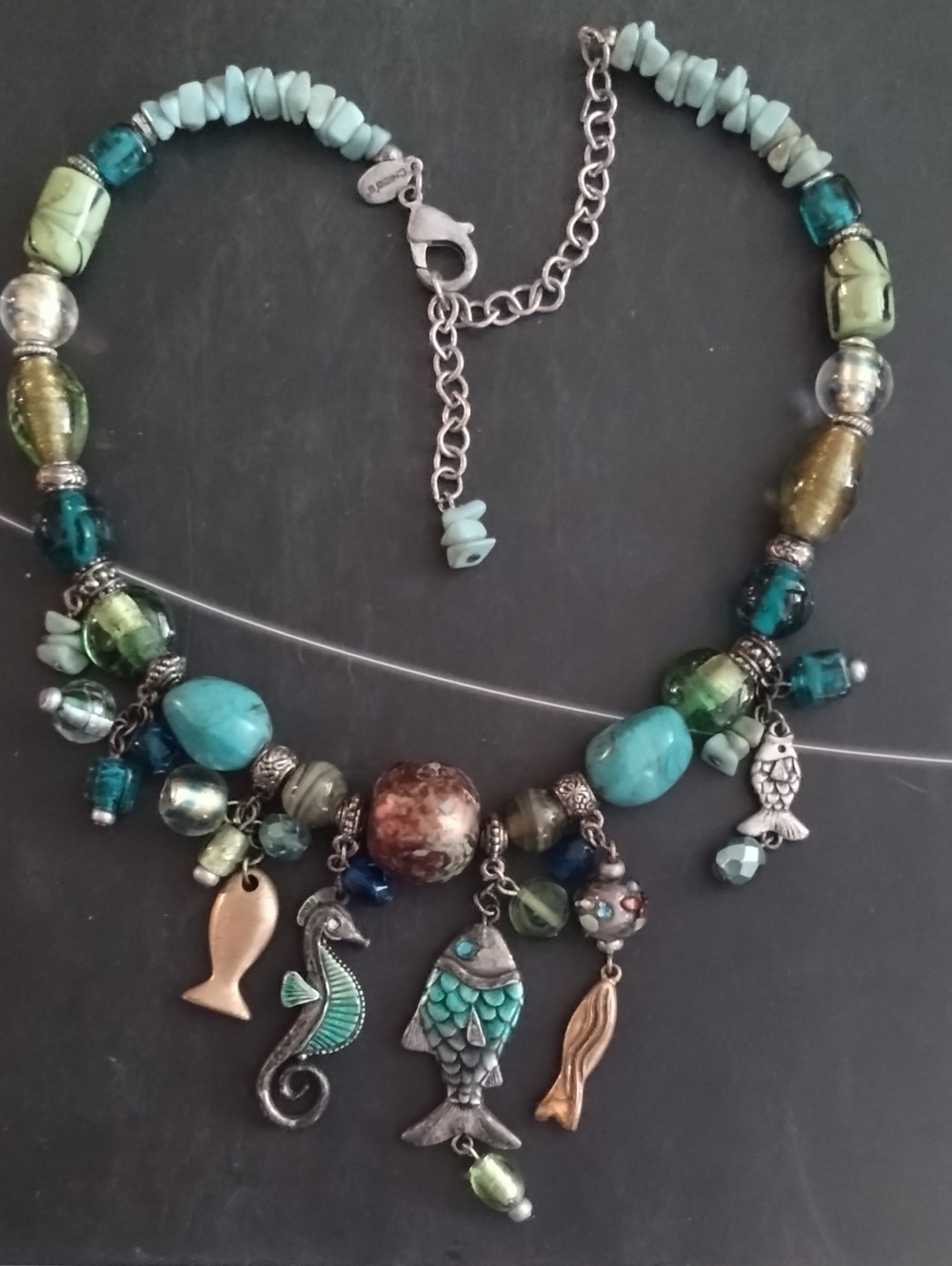 Vintage CHICO'S Silver SEA Life Charms  Turquoise, Beach, Summer Necklace